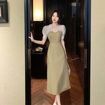리얼 최신 여름 반팔 브이넥 패치 프렌치 벌룬 원피스 미디스커트 자녀