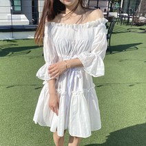 [엠케이지]포티 투리본 프릴 오프숄더 코튼 미니원피스