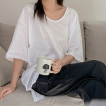 로로텐 U넥 오버핏 반팔 티셔츠 면 무지 레이어드 여성 빅사이즈