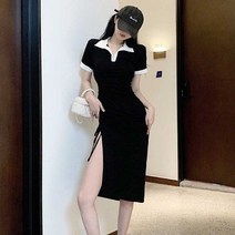 반팔원피스 여자데일리룩 여성 스타일리쉬 휴가룩 코디 옆트임 카라 롱원피스-72394EA