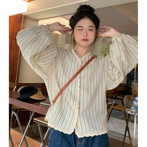 레이스 수술 스트라이프 퍼프소매 루즈핏 박시 브이넥 손목밴딩 데일리 긴팔 셔츠 블라우스