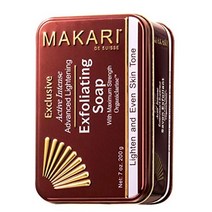 마카리 익스클루시브 7oz. 스킨 라이트닝 앰프 오가닉라린 함유 엑스폴리에이팅 바 비누 – 다크 스팟 흉터 썬 패치 스트레치 마크를 위한 고급 활성 인텐스 화이트닝 트리트먼트 am