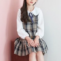 도오빠 제니안 주니어 투피스 치마세트 긴팔 블라우스 원피스 라운드넥 빅카라 주름 플리츠 체크 버튼 미니 스커트 리본 봄 ~160