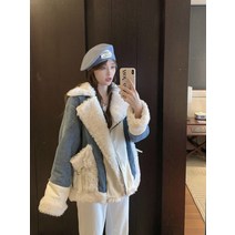 헬로지니 S-XL 겨울 여성 루프핏 도톰 데님 양털 퍼 청자켓 코트