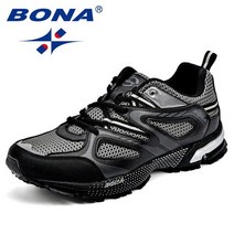 BONA 새로운 도착 클래식 스타일 남성 운동화 암소 분할 메쉬 스포츠 신발 레이스 업 야외 조깅화 무료 배, 8, Black silver grey