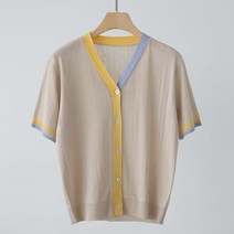 여성용 엄지 반반 배색 기본핏 브이넥 반팔 니트 가디건 g1253