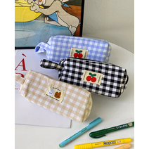 [1+1할인/새학기] 무니 체리 동물 파스텔 체크 원통 필통, 블랙, 블랙
