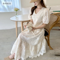 여성 우아한 펀칭 빅브이넥 퍼프 반팔 레이스 면 린넨 롱 원피스