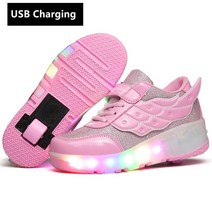 [바퀴두개운동화] led 반짝이 야광 빛나는 어린이 신발 운동화 핑크 USB 충전 패션 소녀 소년 LED 라이트 롤러 스케이트 어린이위한 스 니 커 즈 바퀴 두