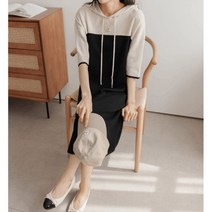 데일리 여성 원피스 드레스 하객 블럭배색 후드