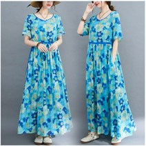 블루 플라워 임신 플러스 사이즈 와이드 핏 맥시멈 포켓 반소매 임산부 원피스