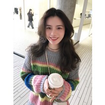 봄 무지개 앙고라 스트라이프 스웨터 여춘추 루즈핏 상의