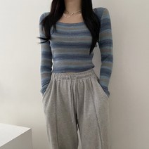 VANANA2 여성 유니크 힙 빈티지 단가라 레인보우 배색 긴팔 니트 티셔츠