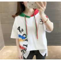 여름 여성 면 반팔티 후드 티셔츠 빅사이즈 캐주얼