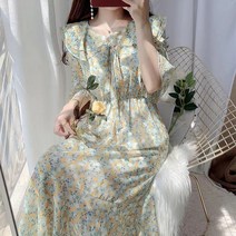 써스데이아일랜드 스타일 원피스 프릴 칼라 보우 꽃 달콤한 스타일 대형 S-3XL 플레어 슬리브 아늑한 고탄력 허리 Mujer