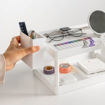 316하우스 데스크테리어 책상 정리 함 선반, 2단 정리선반 심플+더블홀더, 스노우화이트