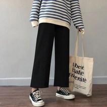캐주얼 바지 여성 봄 여름 발목 길이 넓은 다리 탄성 허리 오버 사이즈 블랙 심플 편안하고