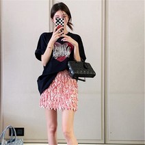 원피스/정장 그물 레드 같은 정장 스커트 여성 여름 중공업 네일 비드 러브 티셔츠 하이 허리 꽃잎 스커트, 원피스 스커트, L