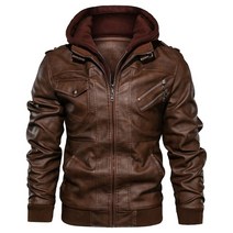 바이크자켓 Mens PU Hooded Jackets Coats Motorcycle Faux Leather Jacket Men Classic Winter warm hoodies Cl, [05] XXXL, [03] Brown
