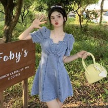 여성 데님 원피스 미니 반팔 키작녀 빈티지 심플 봄 여름 가을 여자 청 드레스 woman denim dress JX1855