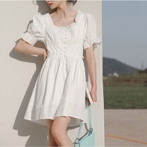 알리팡(Alipang) 여성 봄 여름 기본핏 무지원피스 퍼프소매 랜턴소매 반팔원피스 엠파이어드레스 베이비돌원피스 프릴원피스 귀여운 스퀘어넥 반팔 반소매 미니원피스 흰원피스