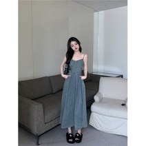 레트로 복고 청 데님 여성 봄 롱 민소매 원피스