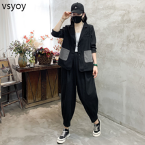 VSYOY 새로운면 및 린넨 수트 여성용 느슨한 슬림 수트 조커 와이드 레깅스 패션 패션 투피스 세트