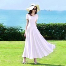 드레스 여성 짧은 소매 단색 우아한 여유있는 5XL 숙녀 비치웨어 슬림 하이 웨스트 쉬폰 통기성 발목 길이