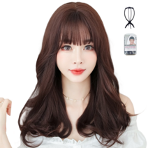 제뉴리스 웨이브 펌 통가발 전체가발 +가발거치대+가발망 세트, 쵸코브라운