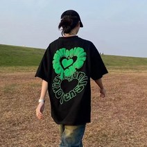 100%순면티셔츠ins하트영문프린트반팔오버사이즈커플반팔
