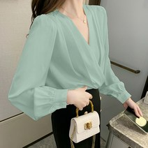 여성용 구김적은 브이넥 랩 긴팔 블라우스