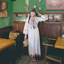 윈난 대리 바캉스 앤티크 소녀 롱 스커트 에스닉 자수 컬러 태슬 조임 스트링 면마 원피스