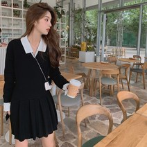 긴팔니트원피스 학원 무드 플리츠 브이넥 여성 고퀄리티 감각 봄가을 2587331089
