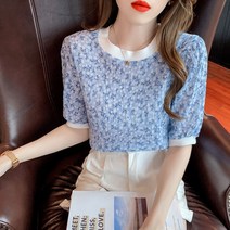 지9차이나 플리츠 꽃무늬 라운드넥 반팔 블라우스