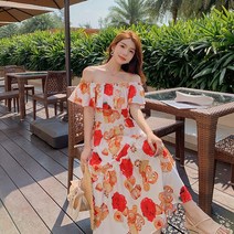 설온 여성 오프숄더 플라워 패턴 롱 원피스 로즈드