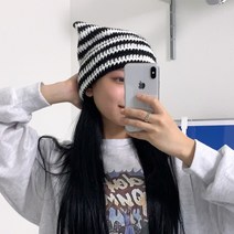 블루씨티 배디 캣츠 스트라이프 줄무늬 니트 고양이귀 비니 모자