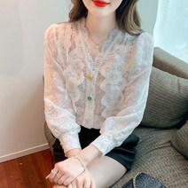 가을 브이넥 스타일리쉬 레이스넥 블라우스 여 프렌치 빈티지 탑