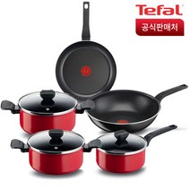 테팔 심플 프라이팬 냄비 5종 세트, 레드 + 블랙, 프라이팬 28cm + 웍 28cm + 냄비 18cm + 20cm + 24cm