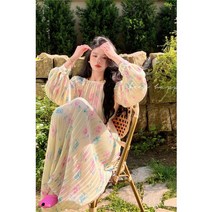 패턴 쪼임 의류 나들이 단아한 방콕 플라워 브이넥 밴딩 하늘하늘한 셔링 원피스
