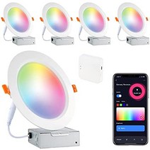 스마트 홈 기기 기기 매입형 조명 6인치 Wi-Fi 색상 변경 led 매입형 조명 16w 1100루멘 원격 다운라이트 정션 박스 포함 Alexagoogle 호환 가능, 4팩