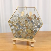 특이한 저금통 투명 거실 인테리어 동전 지폐 신기한 유리 프레임 액자 금고 소품, 소형 벽걸이 사진 보관형, 골드 황동색