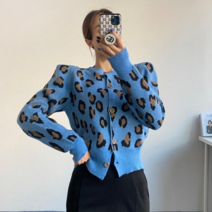 [에이스토리] 여성 봄가을 퍼프소매 레오파드 겨울 니트 가디건 호피니트