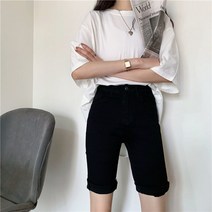 블랙 데님 쇼츠 여름 여성용 하이웨이스트 스키니 미드팬츠 스키니 스트레치 캐주얼 5부 팬츠