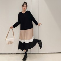 [SEONGJIN]봄/여름 배색 빅사이즈(L~3XL) 쉬폰배색 긴팔 롱 원피스