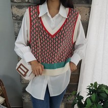 상상그이상 여성용 난다 니트조끼 부드러운 필수 블라우스 코디세트 유니크한 패턴 포인트 브이넥 배색 베스트 가성비 좋은 가볍고 따뜻한 사이즈좋은 사계절 데일리룩