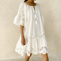 펀칭원피스 펀칭 자수 레이스 원피스 여름 미디스커트 코튼 여성 루즈핏 흰색 풀오버 휴가 비치 보헤미안 짧은