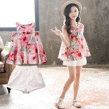 [당일발송][국내바로배송] 주니유니 주니어 핑크플라워화이트바지세트 주니어상하복 주니어세트 초등학생옷 바캉스룩