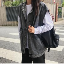 여성 봄 데님 블랙 오버핏 베스트 청조끼