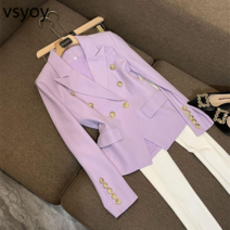vsyoy 2022 가을 새로운 패션 기질 통근 정장 재킷 여성 틈새 하이 센스 더블 브레스트 슬림 작은 정장