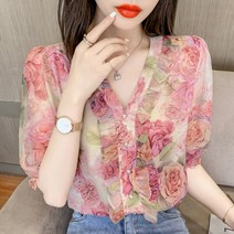 쉬폰 플라워 블라우스 V넥 프릴 루즈핏 셔츠 장미
